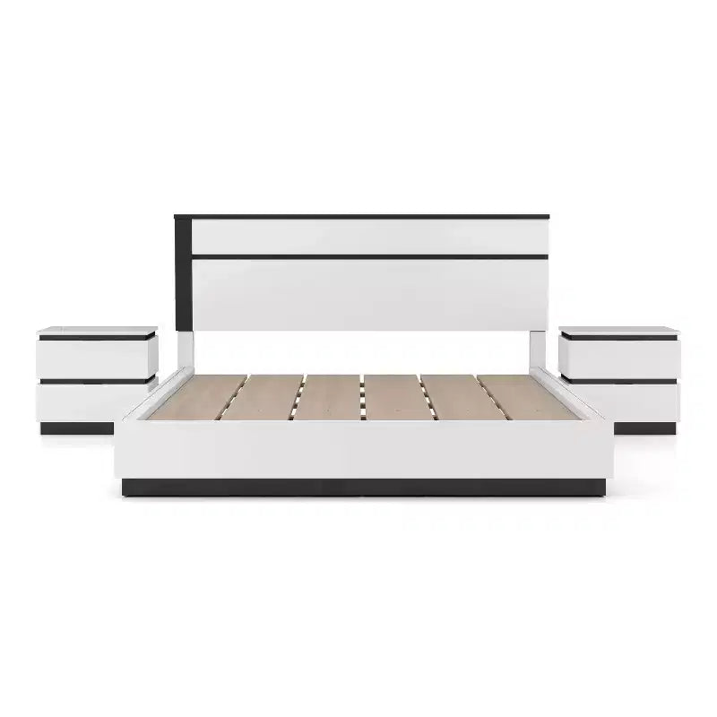 Lit Queen moderne 3 pièces Pape avec 2 tables de chevet Blanc/Gris métallisé - miBasics : Ensemble de meubles contemporains