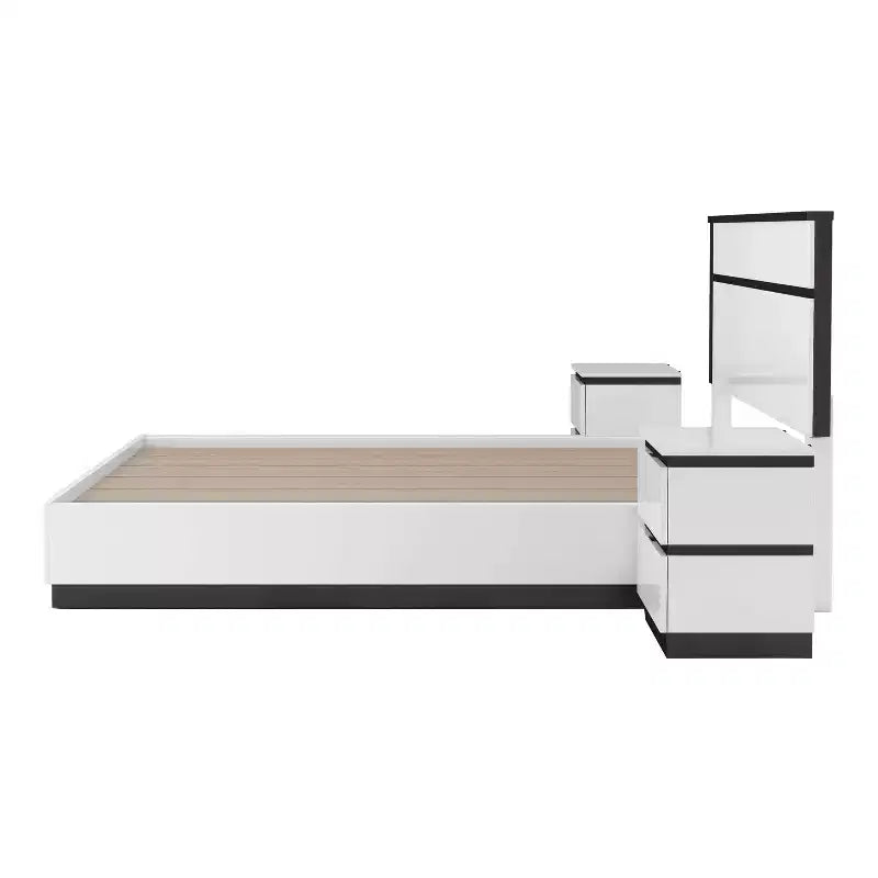 Lit Queen moderne 3 pièces Pape avec 2 tables de chevet Blanc/Gris métallisé - miBasics : Ensemble de meubles contemporains
