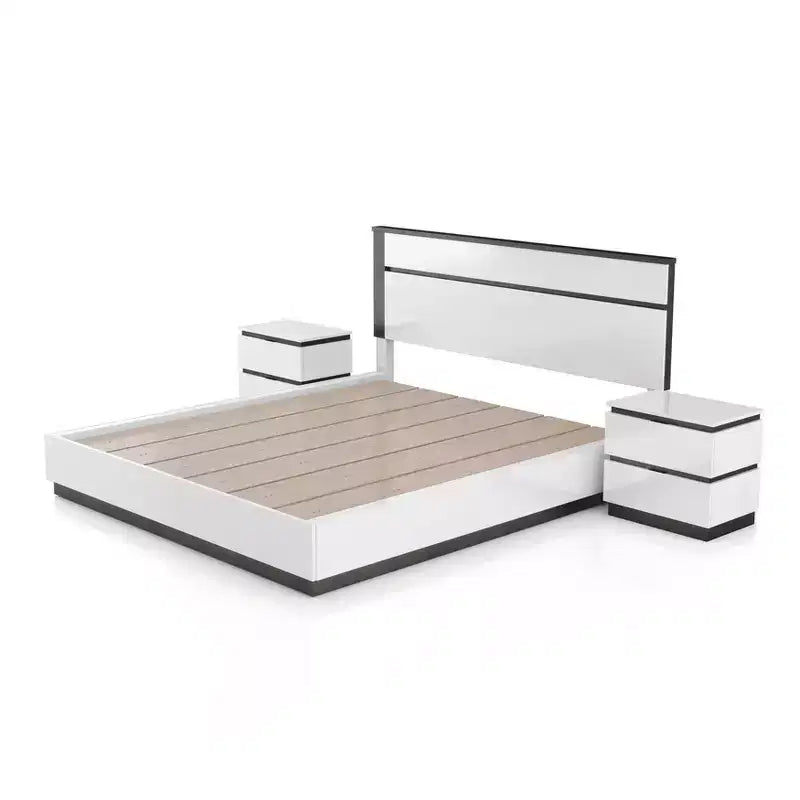 Lit Queen moderne 3 pièces Pape avec 2 tables de chevet Blanc/Gris métallisé - miBasics : Ensemble de meubles contemporains