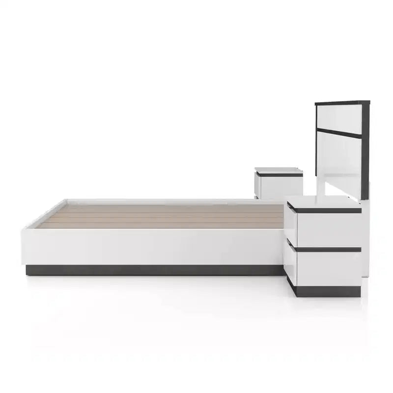 Lit Queen moderne 3 pièces Pape avec 2 tables de chevet Blanc/Gris métallisé - miBasics : Ensemble de meubles contemporains