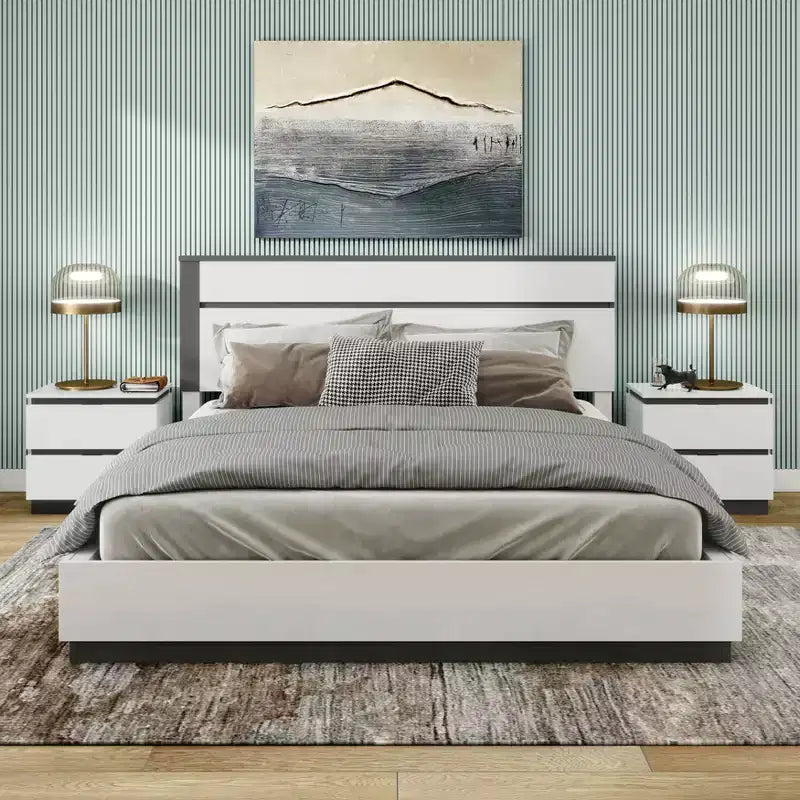 Lit Queen moderne 3 pièces Pape avec 2 tables de chevet Blanc/Gris métallisé - miBasics : Ensemble de meubles contemporains