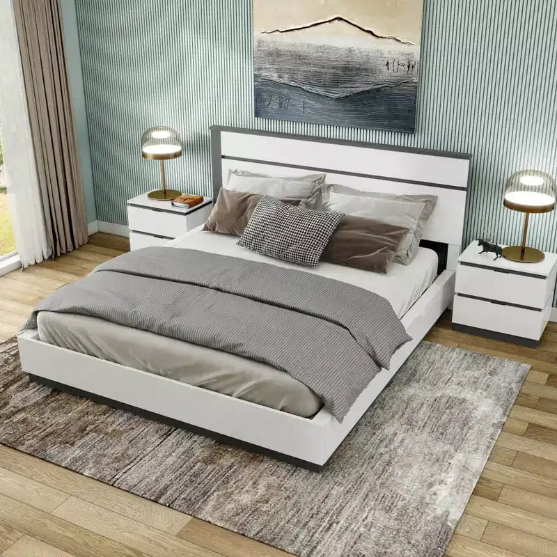 Lit Queen moderne 3 pièces Pape avec 2 tables de chevet Blanc/Gris métallisé - miBasics : Ensemble de meubles contemporains