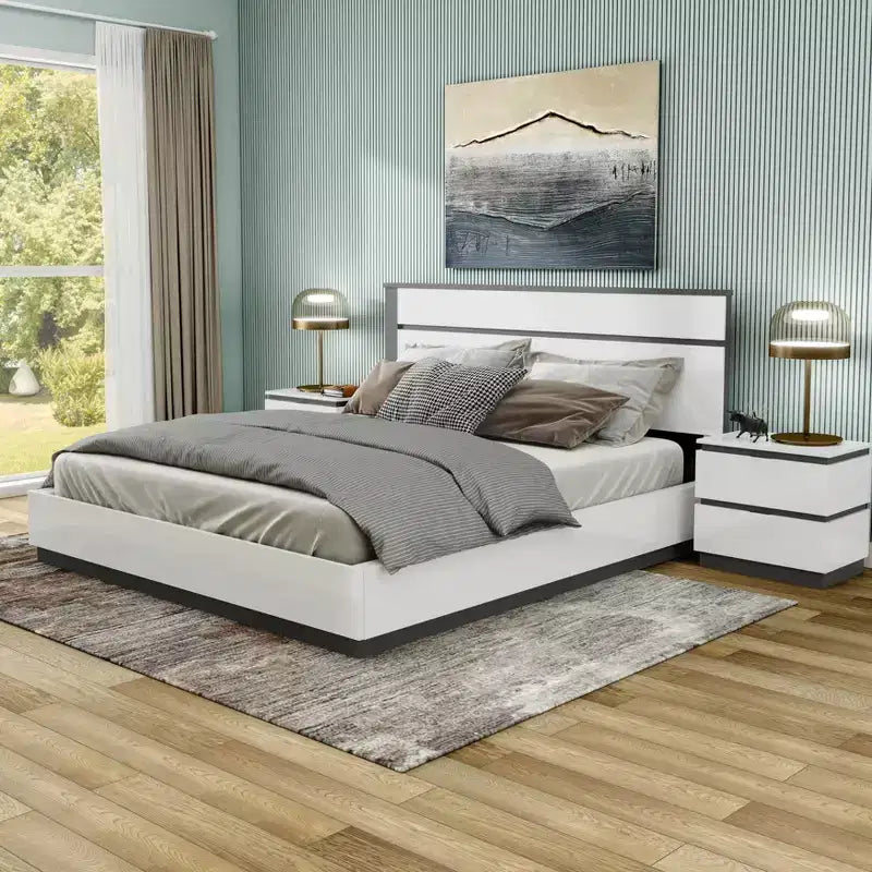 Lit Queen moderne 3 pièces Pape avec 2 tables de chevet Blanc/Gris métallisé - miBasics : Ensemble de meubles contemporains