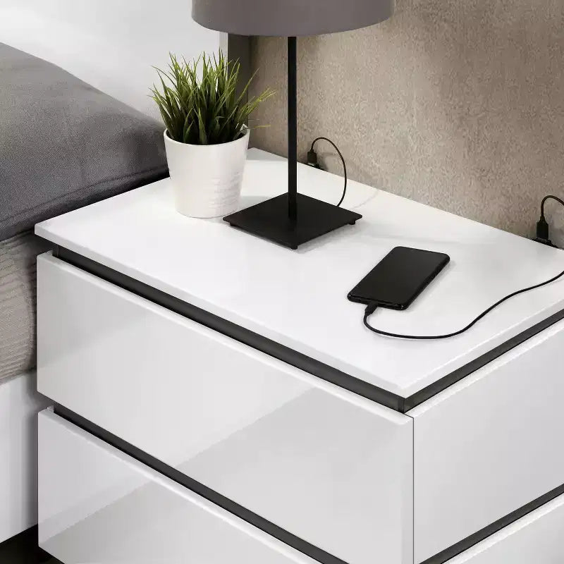 Lit Queen moderne 3 pièces Pape avec 2 tables de chevet Blanc/Gris métallisé - miBasics : Ensemble de meubles contemporains