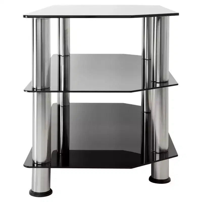 Black & Silver 3-Shelf Tempered Glass TV Stand, Fits TVs up to 43"