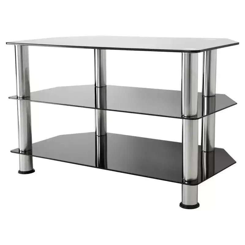 Black & Silver 3-Shelf Tempered Glass TV Stand, Fits TVs up to 43"