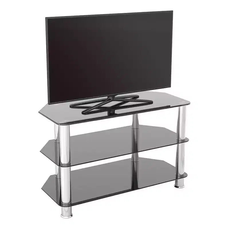 Black & Silver 3-Shelf Tempered Glass TV Stand, Fits TVs up to 43"
