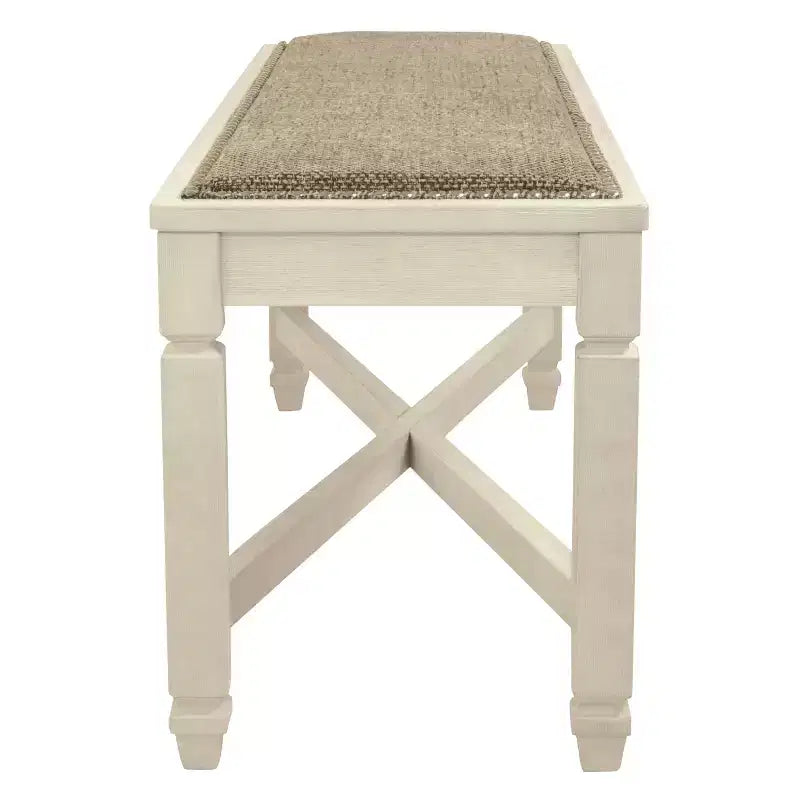 Antique White Upholstered Dining Bench, Seats 2