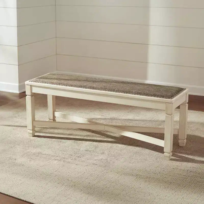 Antique White Upholstered Dining Bench, Seats 2