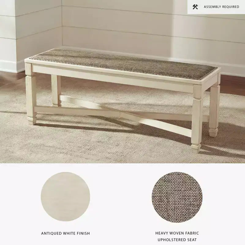 Antique White Upholstered Dining Bench, Seats 2