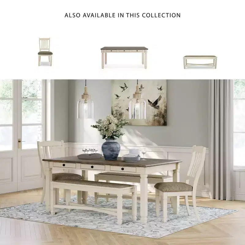 Antique White Upholstered Dining Bench, Seats 2