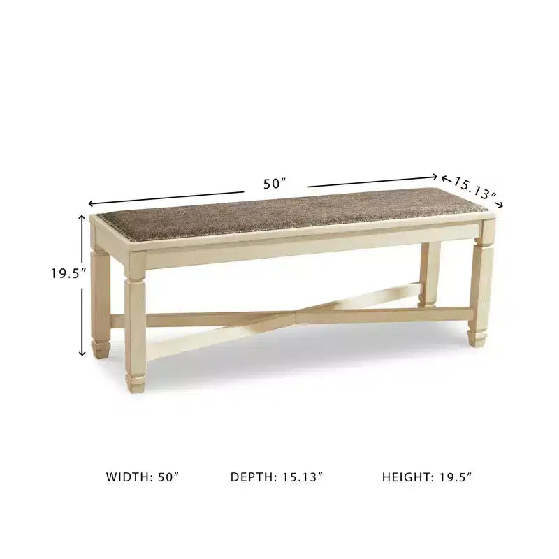 Antique White Upholstered Dining Bench, Seats 2
