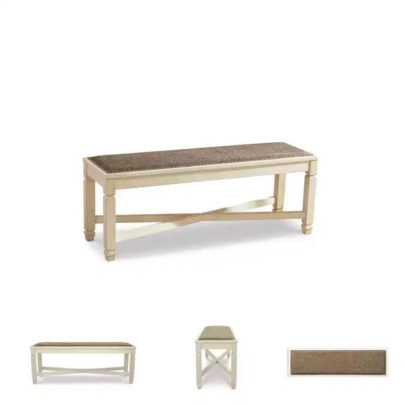 Antique White Upholstered Dining Bench, Seats 2