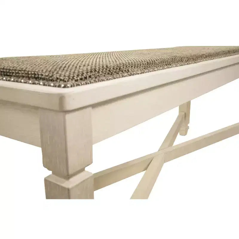Antique White Upholstered Dining Bench, Seats 2