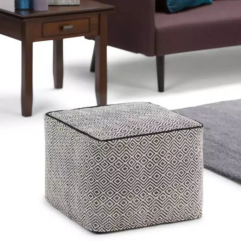 Square Pouf – Black/Natural, Geometric Pattern, Seats 1