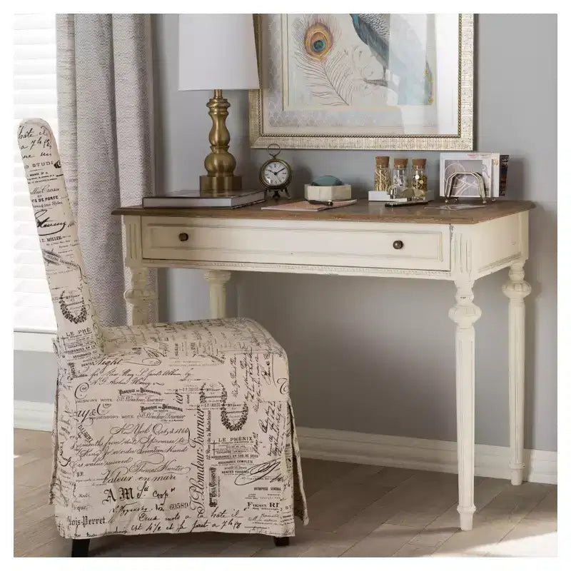 White & Oak French Provincial Writing Desk, 1-Person, 1 Drawer
