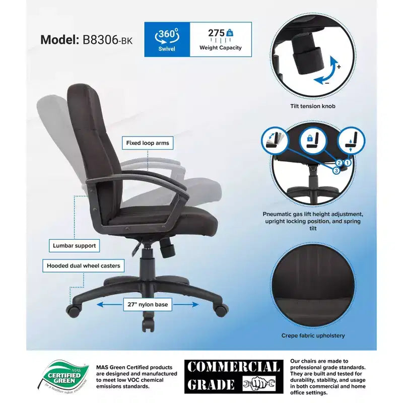 Black Fabric High-Back Manager's Chair, Swivel, for 1 Person