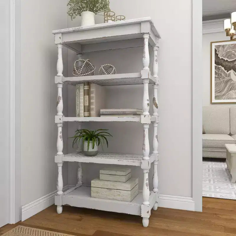 White Distressed 5-Tier Wood Bookshelf – Farmhouse Style, 1-Person Assembly