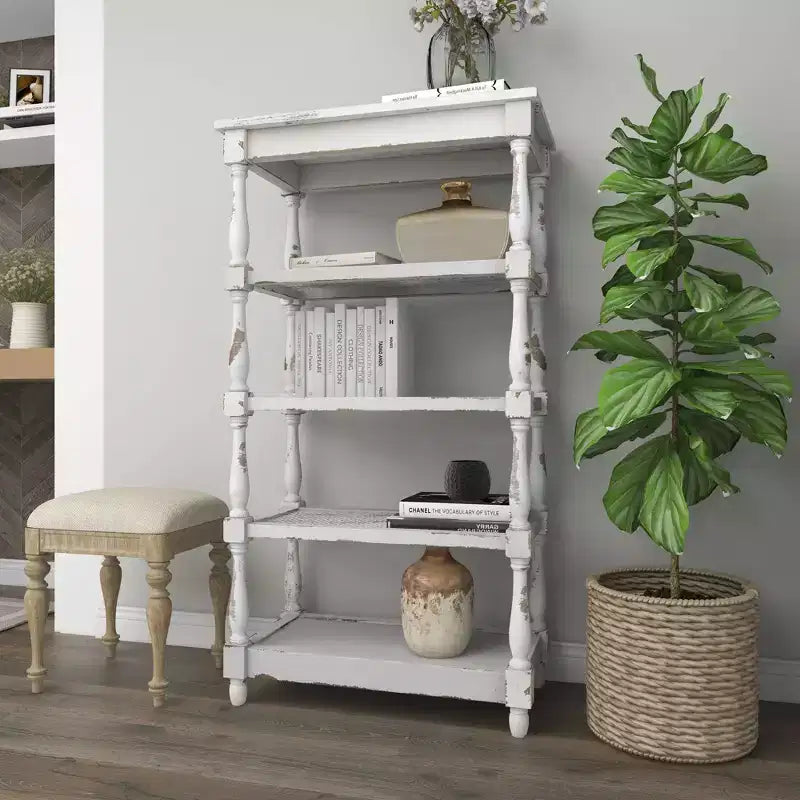 White Distressed 5-Tier Wood Bookshelf – Farmhouse Style, 1-Person Assembly