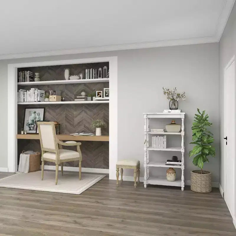 White Distressed 5-Tier Wood Bookshelf – Farmhouse Style, 1-Person Assembly
