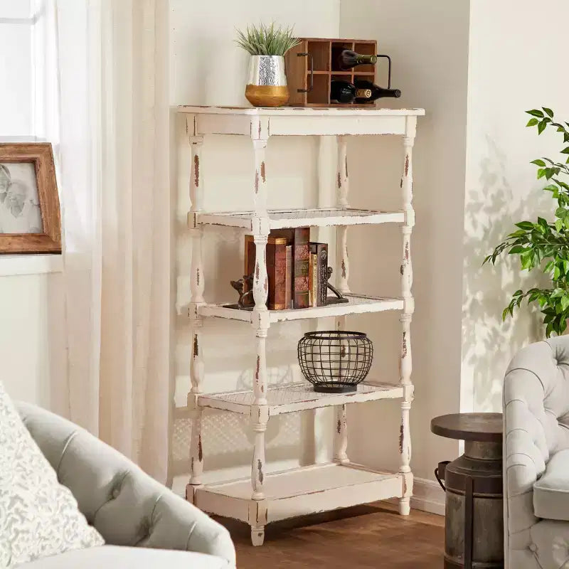 White Distressed 5-Tier Wood Bookshelf – Farmhouse Style, 1-Person Assembly