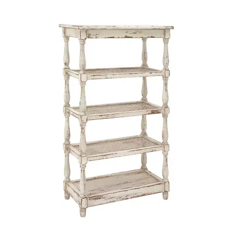 White Distressed 5-Tier Wood Bookshelf – Farmhouse Style, 1-Person Assembly