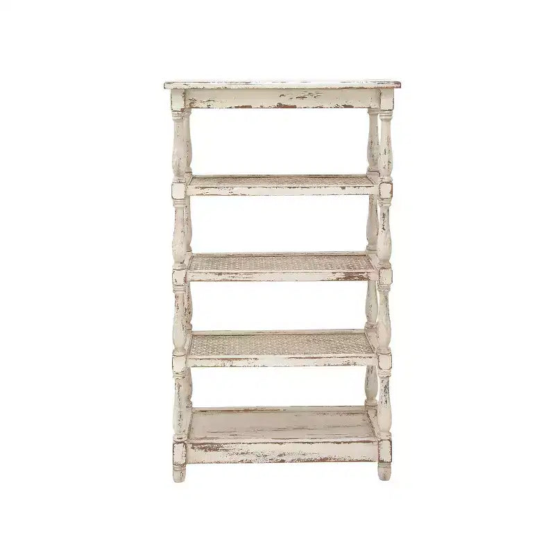 White Distressed 5-Tier Wood Bookshelf – Farmhouse Style, 1-Person Assembly