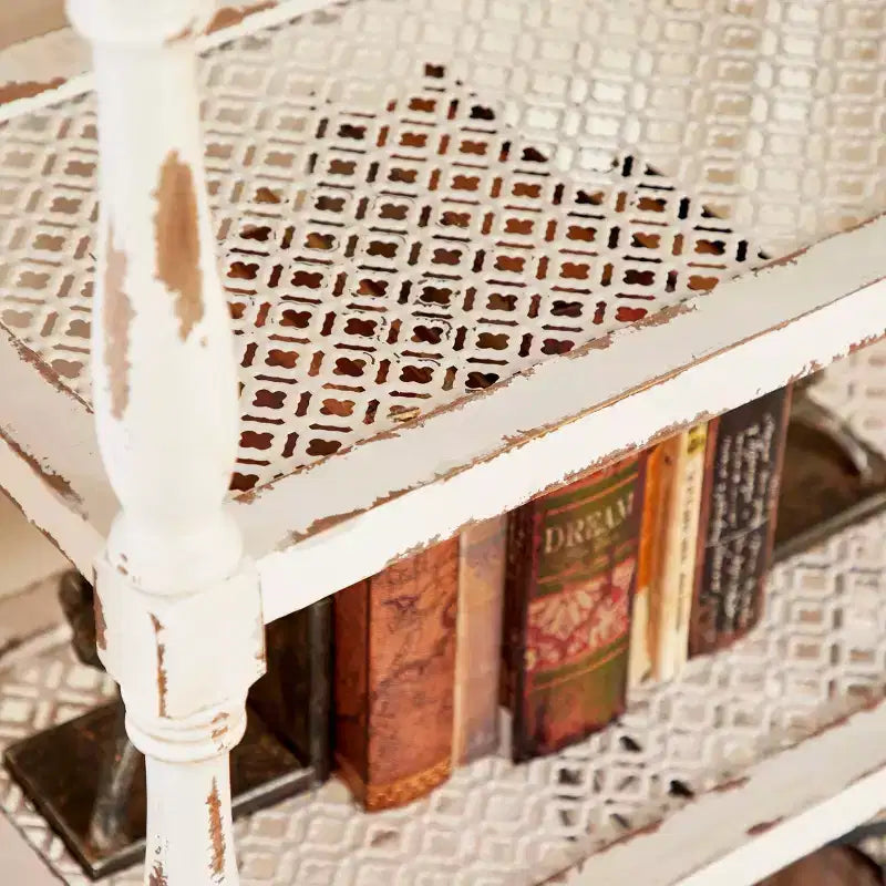 White Distressed 5-Tier Wood Bookshelf – Farmhouse Style, 1-Person Assembly