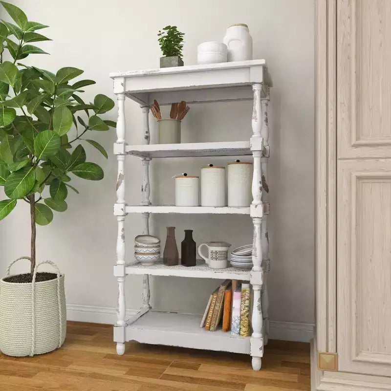 White Distressed 5-Tier Wood Bookshelf – Farmhouse Style, 1-Person Assembly
