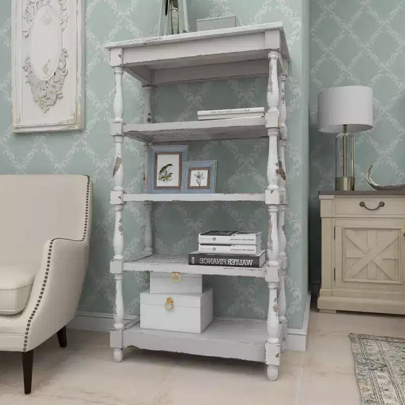 White Distressed 5-Tier Wood Bookshelf – Farmhouse Style, 1-Person Assembly