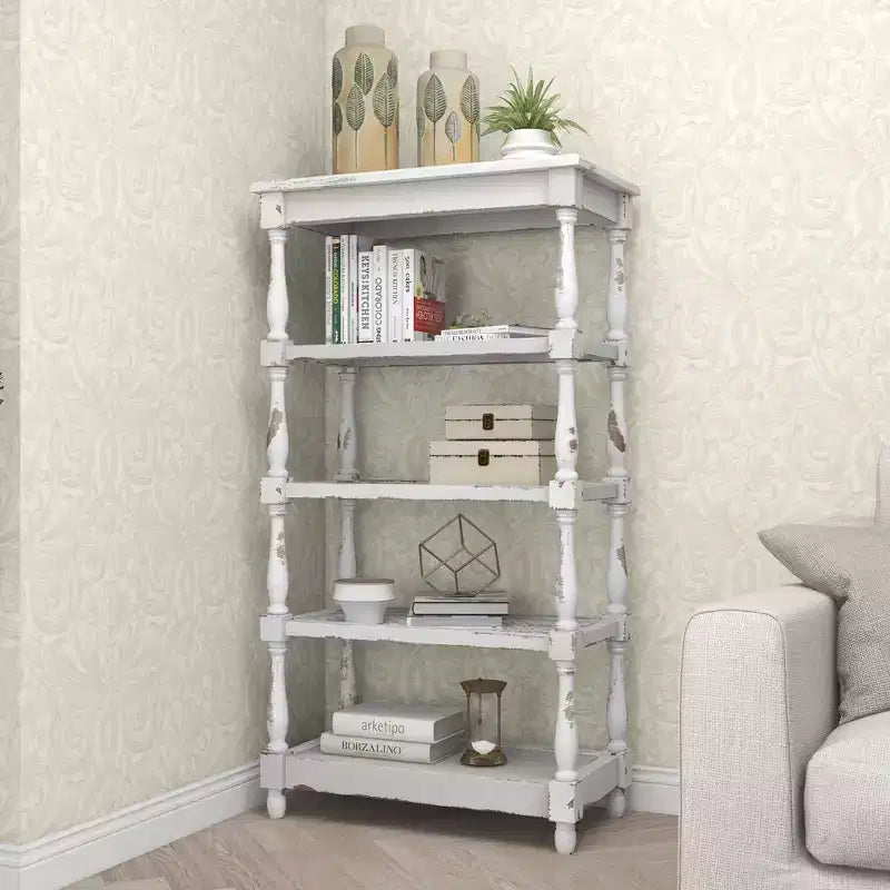 White Distressed 5-Tier Wood Bookshelf – Farmhouse Style, 1-Person Assembly