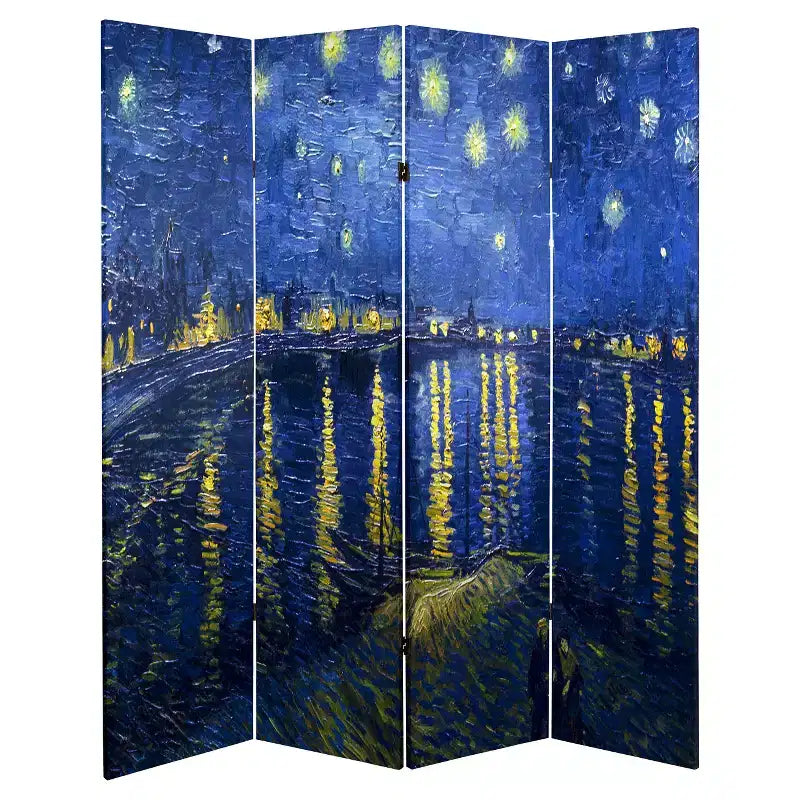 4-Panel Double-Sided Canvas Room Divider – Blue/Green, Irises & Starry Night, 1-Person