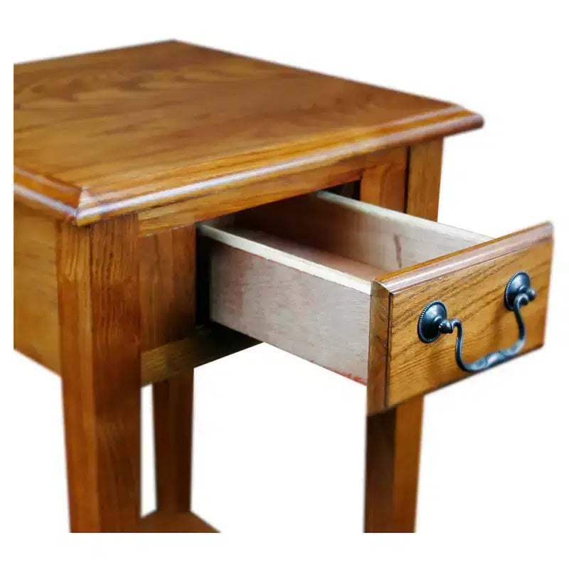 Square Side Table – Medium Oak, 1-Drawer & Lower Shelf