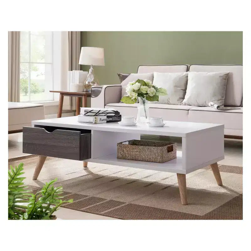 White & Distressed Gray Transitional Coffee Table with Storage