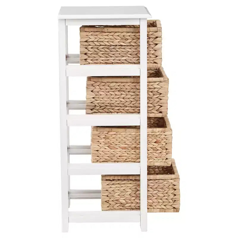 White 4-Basket Wicker Storage Unit, Single-Use, Wood Frame