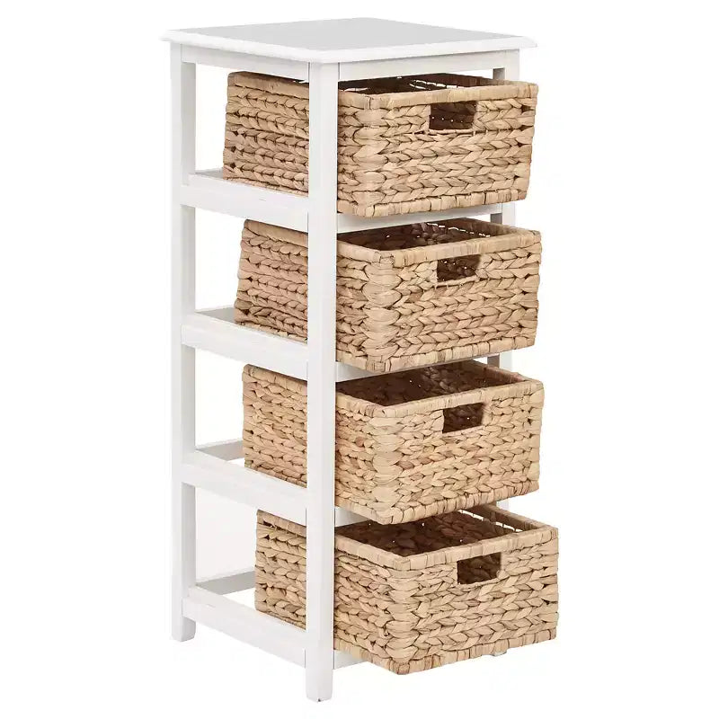 White 4-Basket Wicker Storage Unit, Single-Use, Wood Frame