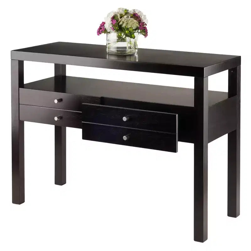 Espresso Console Table with 4 Drawers & Open Shelf