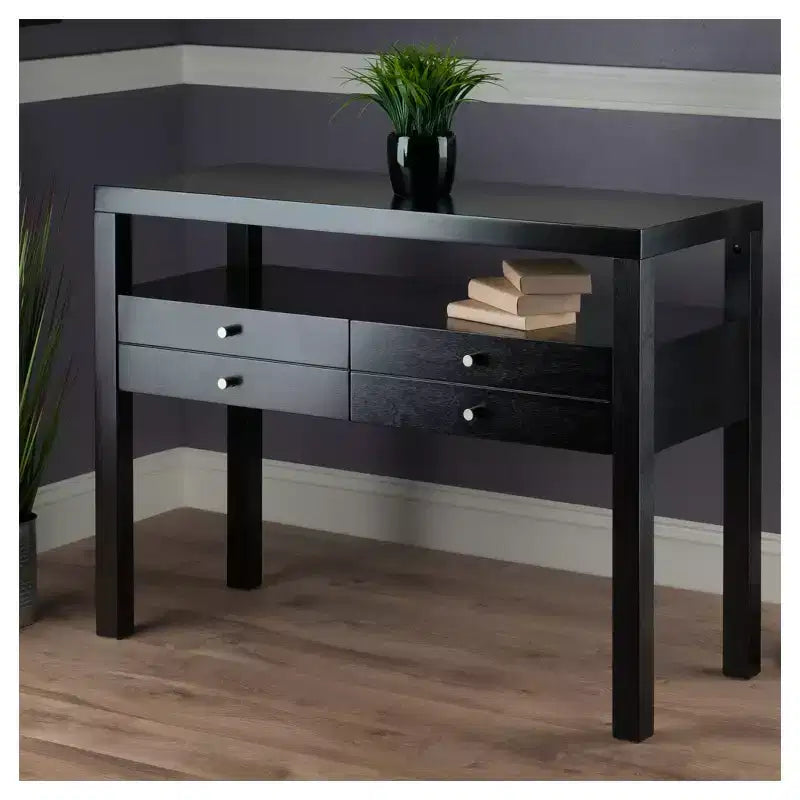 Espresso Console Table with 4 Drawers & Open Shelf
