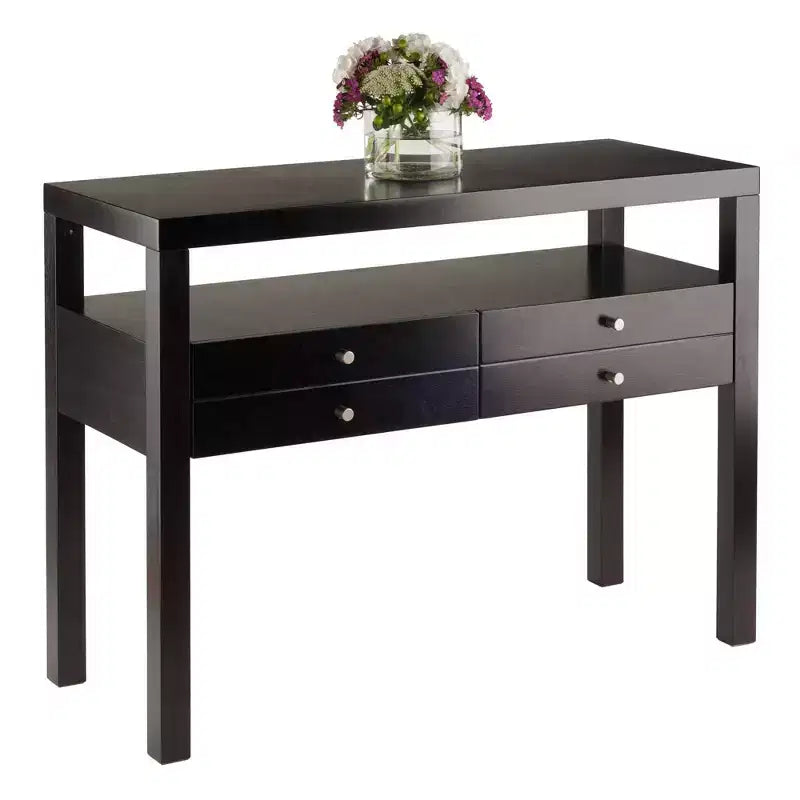 Espresso Console Table with 4 Drawers & Open Shelf