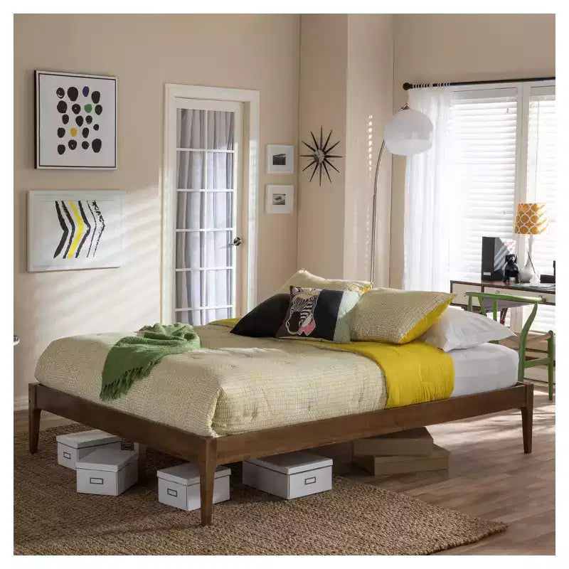 Walnut Brown Mid-Century Platform Bed Frame, Queen, No Headboard