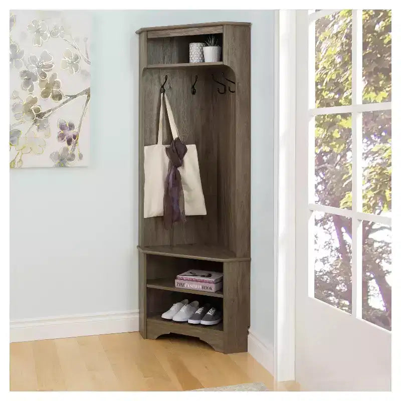 Driftwood Corner Hall Tree – Single, 4 Hooks & Shelves
