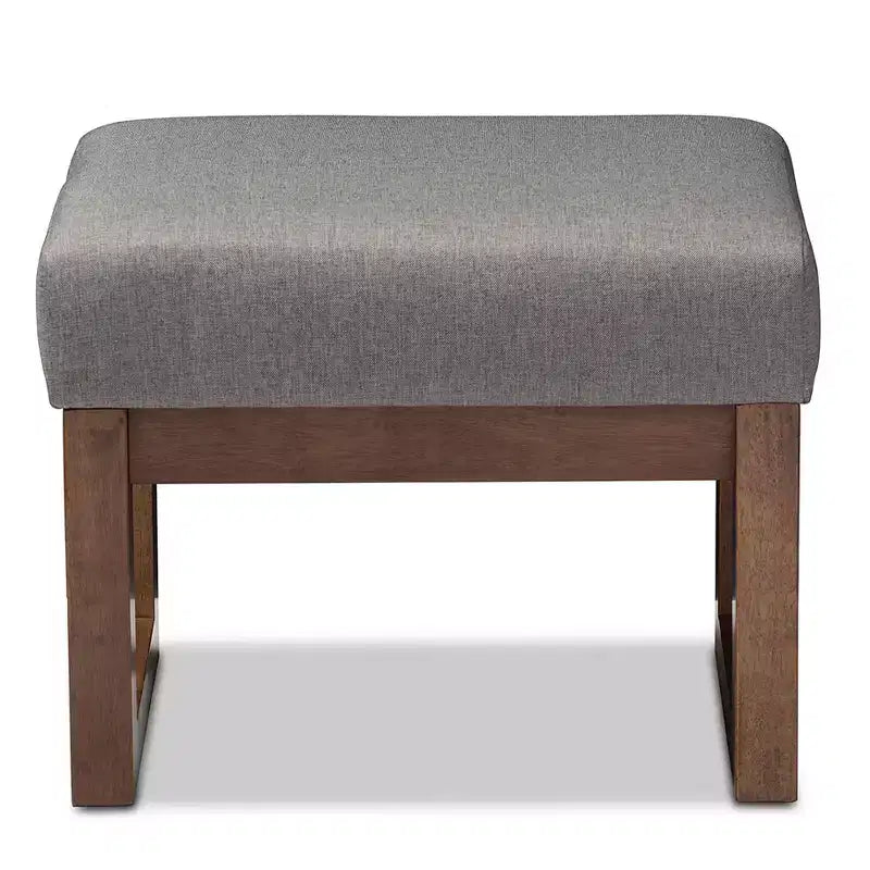 Gray Polyester Upholstered Ottoman Stool, Walnut Wood Base, Seats 1