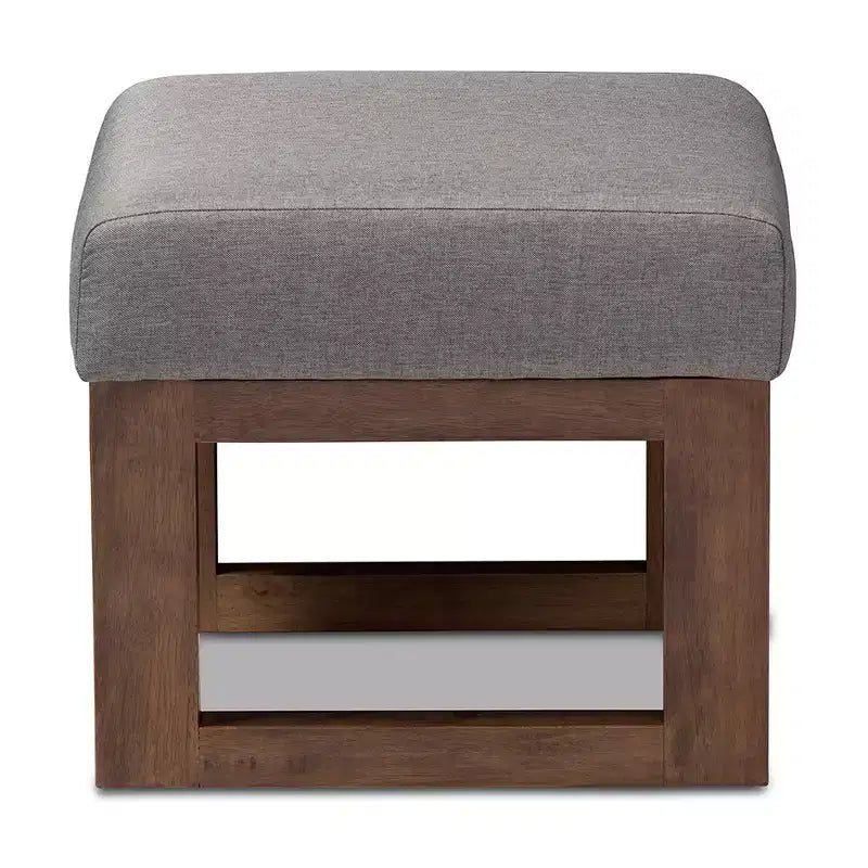 Gray Polyester Upholstered Ottoman Stool, Walnut Wood Base, Seats 1