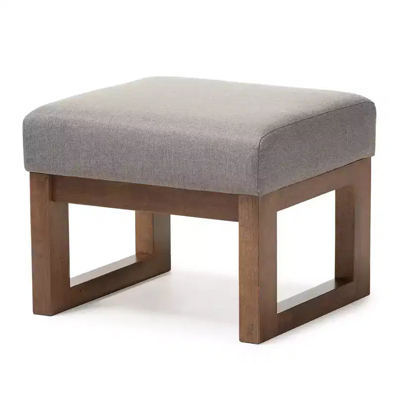 Gray Polyester Upholstered Ottoman Stool, Walnut Wood Base, Seats 1
