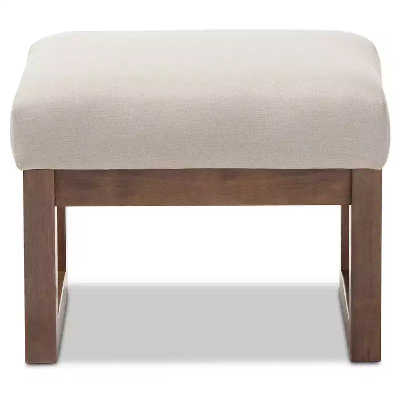Gray Polyester Upholstered Ottoman Stool, Walnut Wood Base, Seats 1
