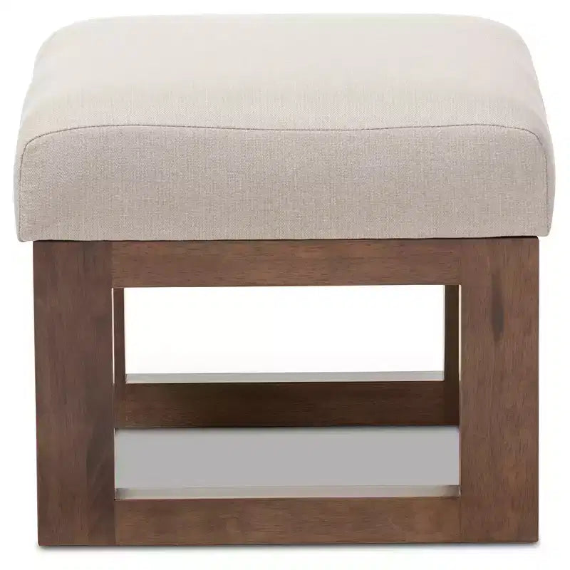 Gray Polyester Upholstered Ottoman Stool, Walnut Wood Base, Seats 1