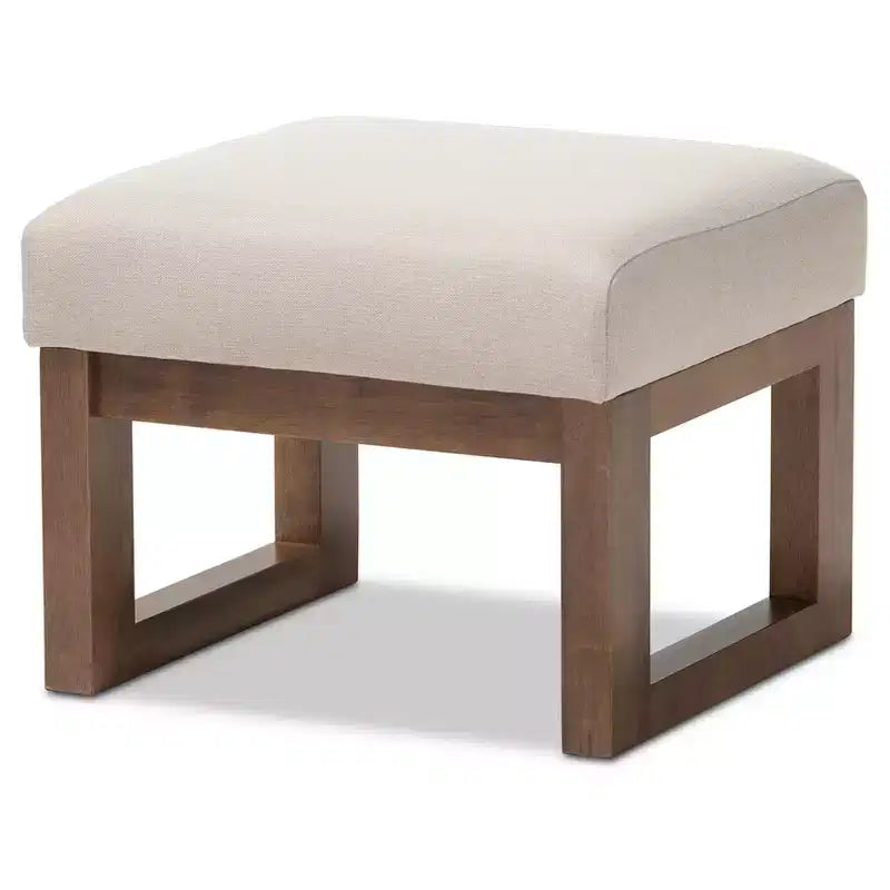 Gray Polyester Upholstered Ottoman Stool, Walnut Wood Base, Seats 1