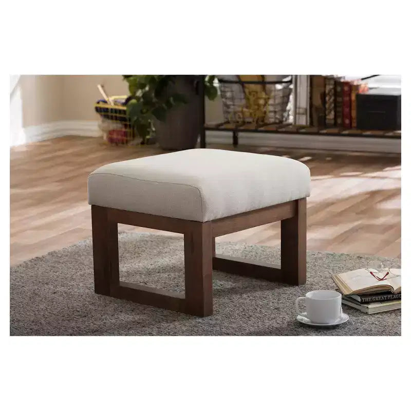 Gray Polyester Upholstered Ottoman Stool, Walnut Wood Base, Seats 1