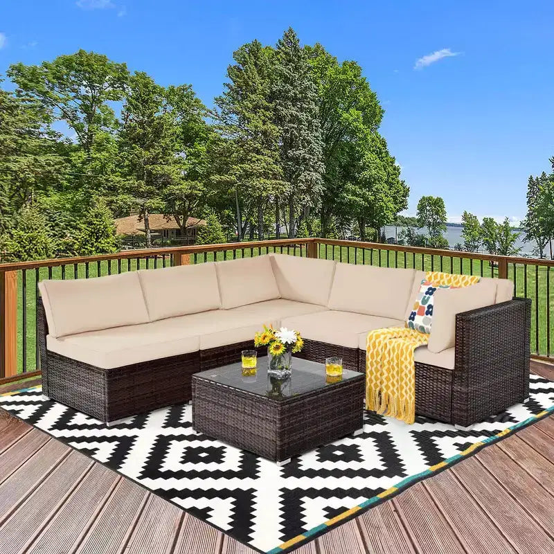 Ensemble de mobilier de jardin en rotin 6 pièces Costway avec coussins, canapé et table basse Turquoise/Rouge/Bleu marine/Marron/Blanc/Noir