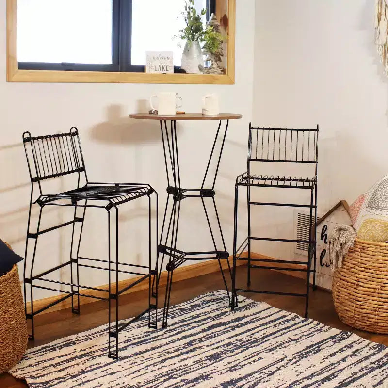 Sunnydaze Ensemble de bar 3 pièces d'intérieur en fil d'acier avec plateau en faux bois – Marron – 3 pièces